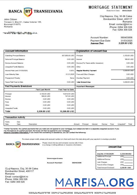 Printable Romania Banca Transilvania mortgage statement in Word and PDF formats sample